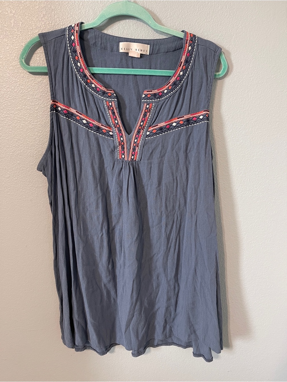 Kelly Renee Embroidered Tunic Top Womens Boho Blue Sleeveless Southwestern 2X